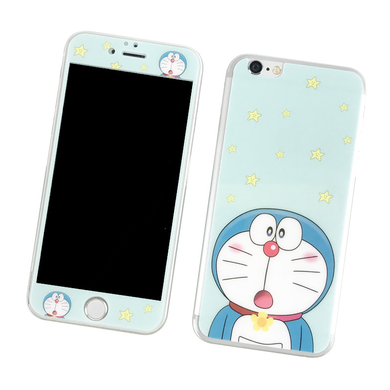 卡通iphone6s钢化膜可爱蓝胖子机器猫苹果6plus前后全屏彩膜玻璃7