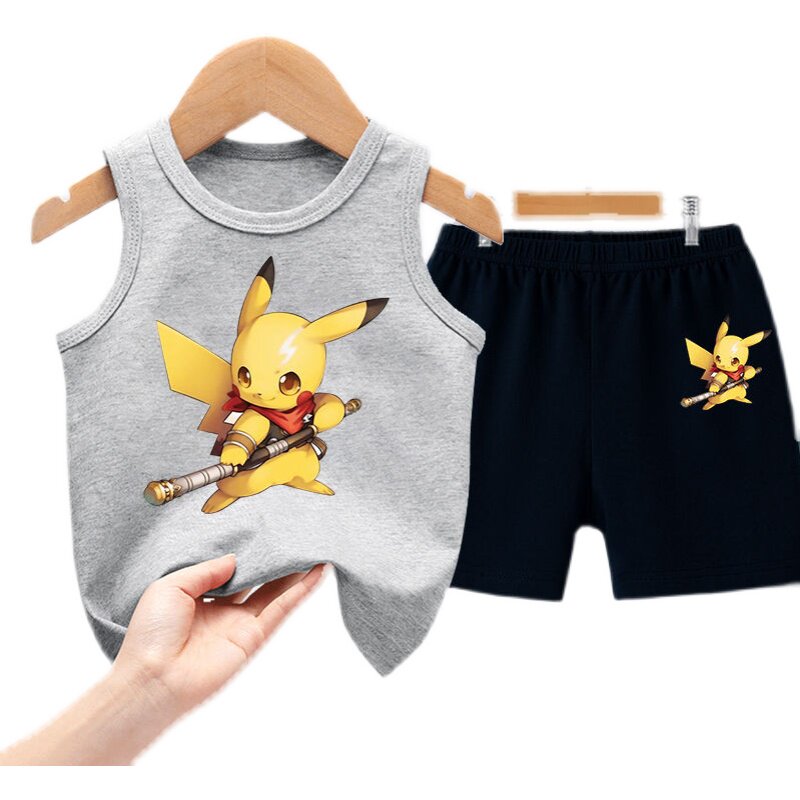 两件件套皮卡丘童装夏季新款男孩无袖背心心中套装