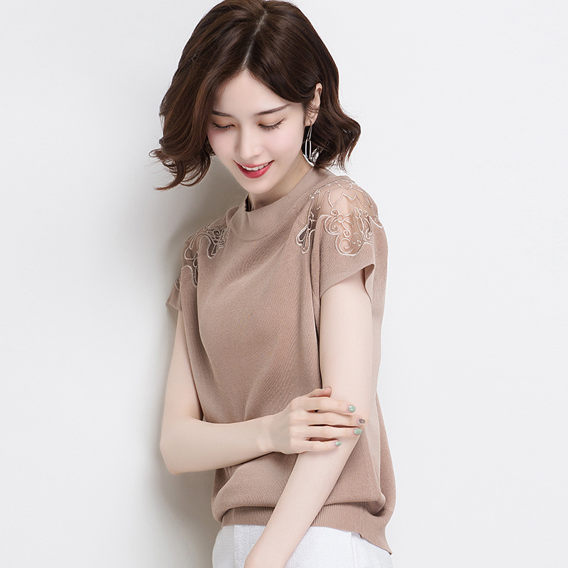 中年妈妈短袖t恤夏装2022年新款女装短款蕾丝上衣体恤冰丝针织衫