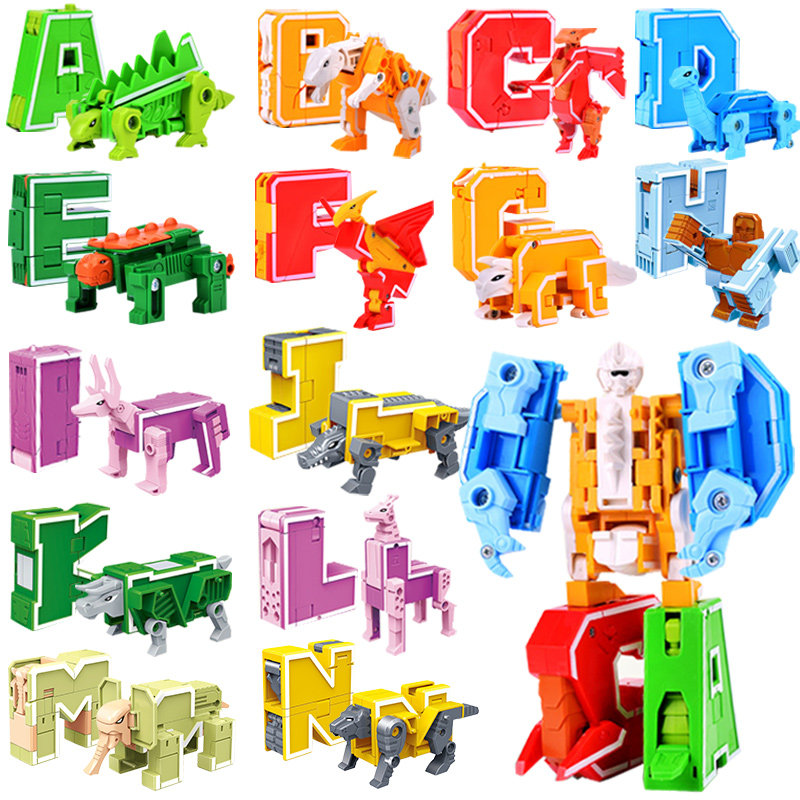 新乐新数字字母变形玩具套装26英文字母恐龙四合体儿童变形机器人