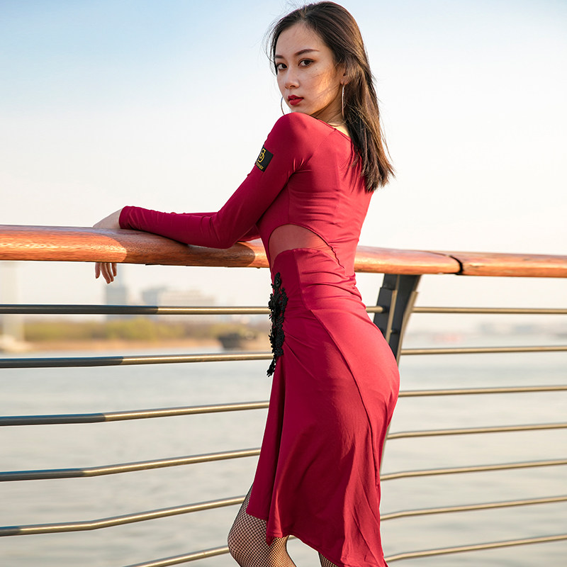 dancebaby拉丁舞成人新款网纱拼接性感抽皱开叉斜摆裙连衣裙da936