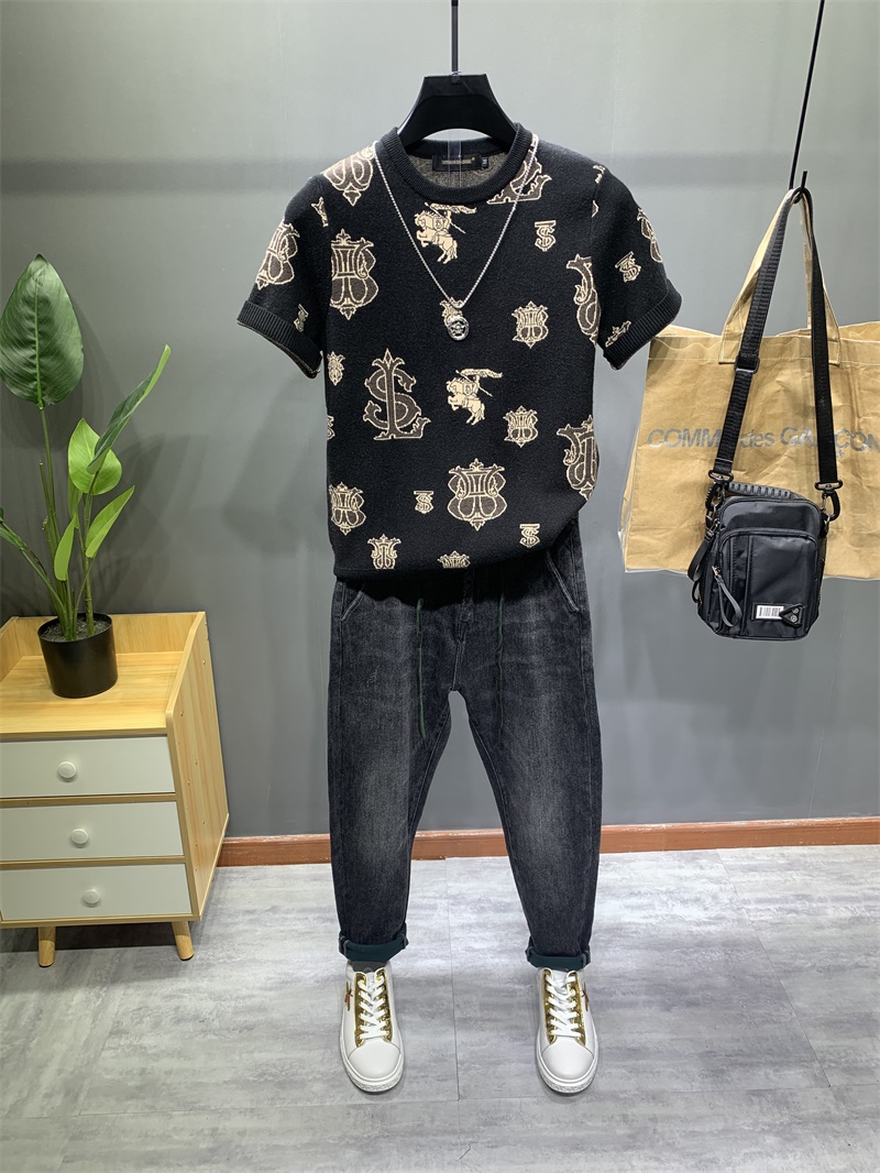 男士轻奢潮牌短袖毛衣秋冬季大码半截袖毛衫潮流社会针织衫半袖帅