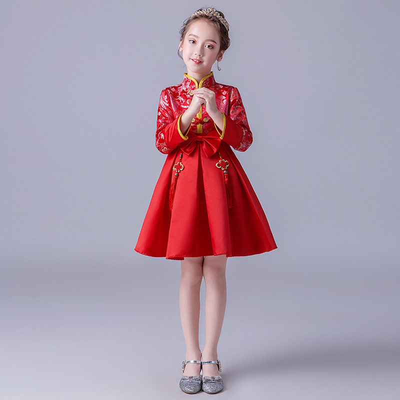 中国过年旗袍儿童长袖公主蓬蓬国风女童红色儿童礼服
