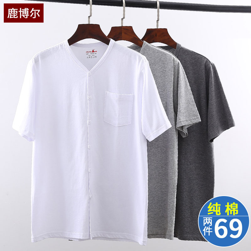中老年人男汗衫短袖T恤系扣开衫纯棉宽松老头衫爷爷对襟上衣背心
