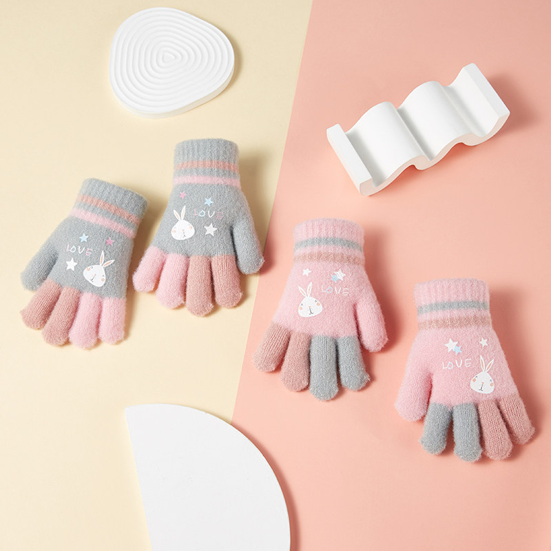 儿童五指手套冬天女童秋冬季保暖全指分指中大童女孩卡通可爱公主-mc