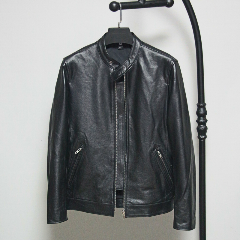 白菜价头层牛皮真皮皮衣男修身短款立领夹克外套男装防风条多口袋