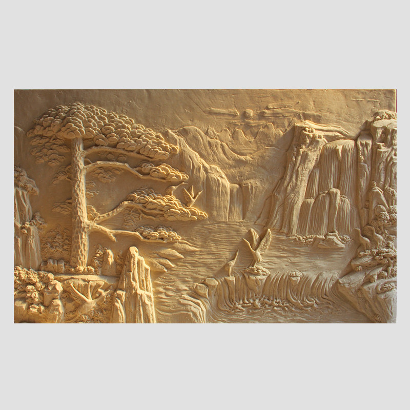 人造砂岩浮雕沙岩背景墙人造浮雕壁画山水定制玻璃钢沙雕迎客松图