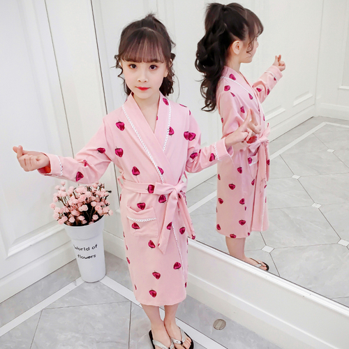 女童睡衣睡袍长袖夏季纯棉小女孩公主宝宝全棉薄款儿童家居服浴袍