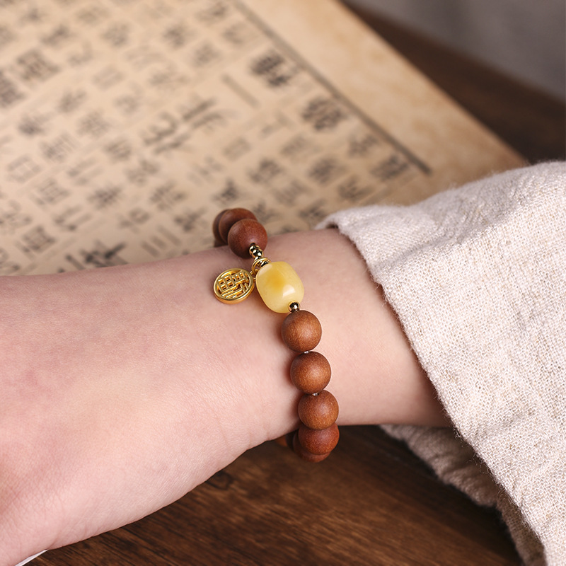 巴布亚檀香单圈佛珠手串随形蜜蜡沙金福字吊坠复古风手链饰品男女