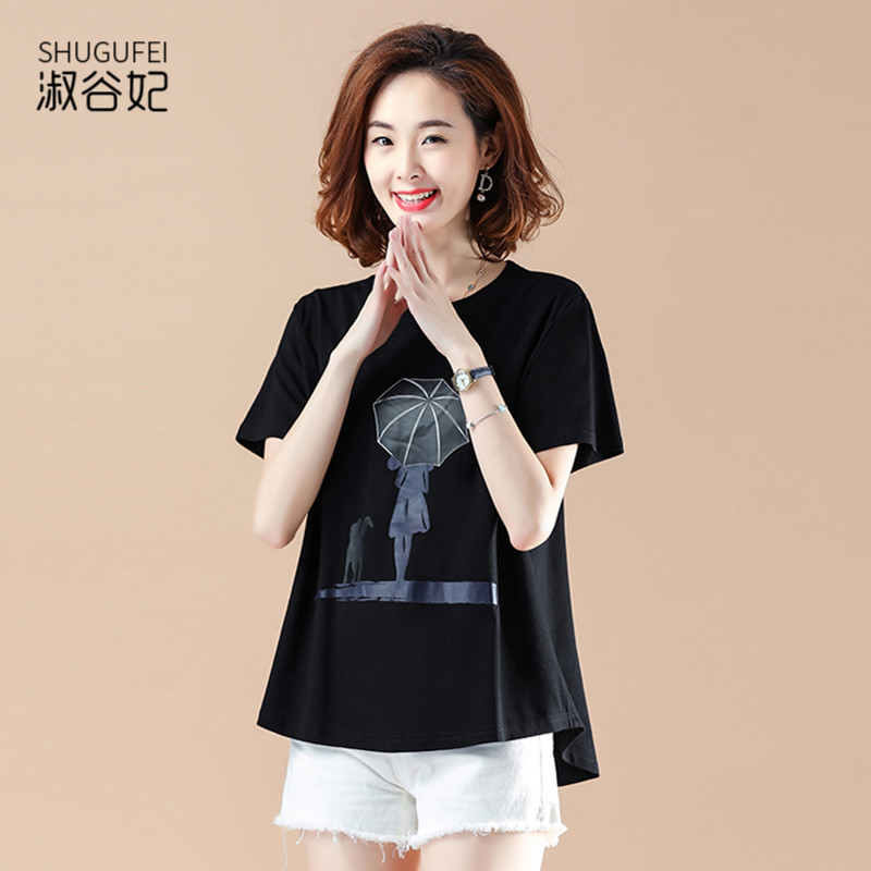 短袖t恤女2021大码夏装新款韩版中长款宽松遮肚子不对称纯棉上衣