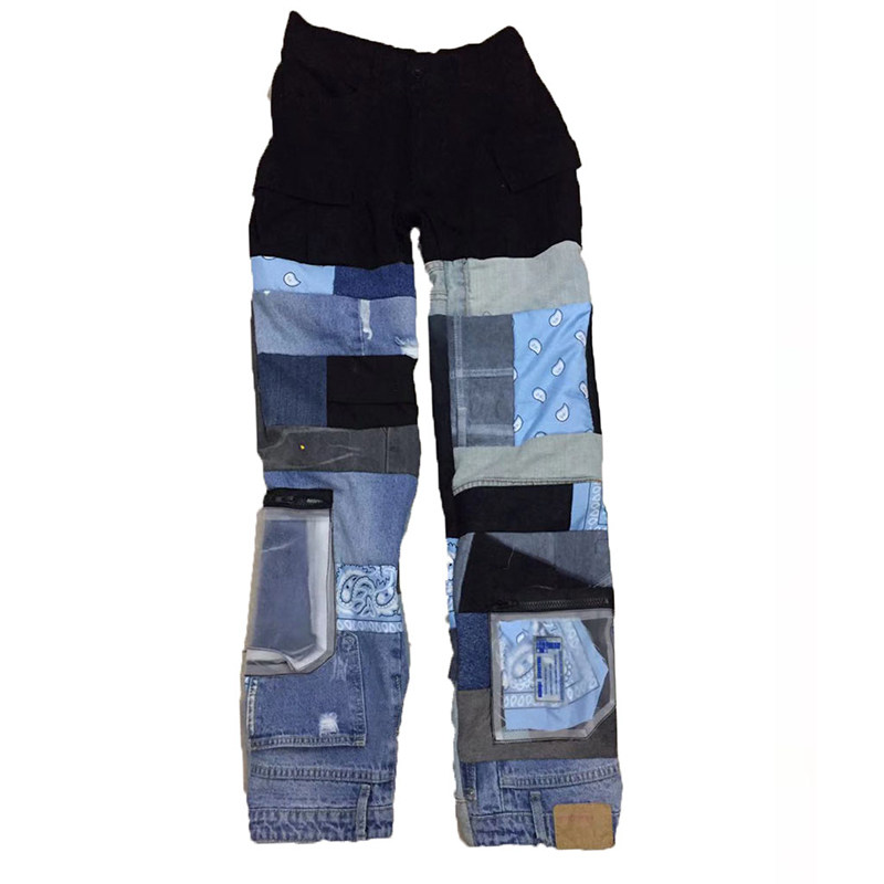 rabbitb1of1remake超重工重组牛仔裤拼接工装裤腰果花迷彩