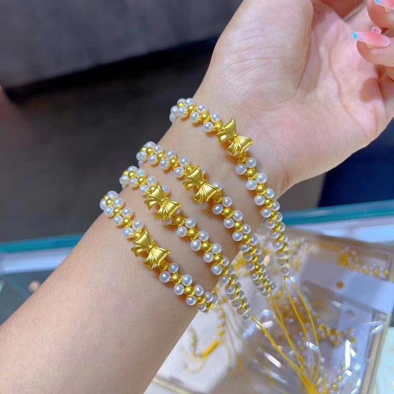 5d无氢黄金在逃公主蝴蝶结珍珠手链足金纯金编织手链