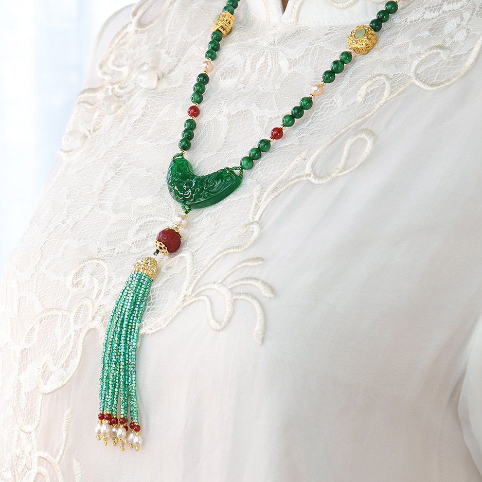 甄源原创设计干青多宝珍珠玛瑙玉石流苏复古项链