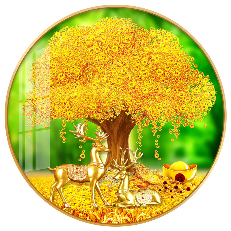 钻石摇钱树黄金满地5d画满客厅福鹿十字绣带框钻石绣