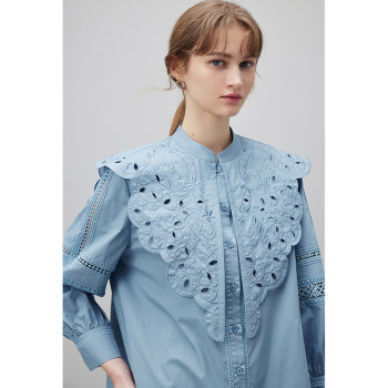 dfvc Spring Spliced ​​​​Hollow Puff Sleeve Dress Women's 2024 New Loose Cotton Large Lapel Shirt Skirt