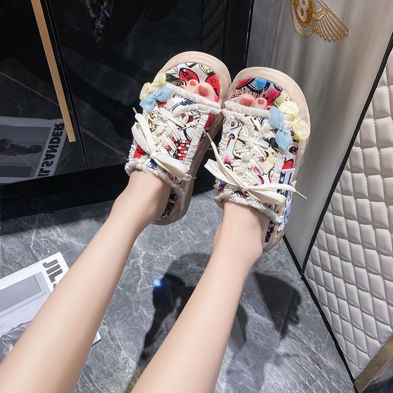 涂鸦无后跟网红乞丐拖鞋系带厚底半拖h帆布个性女鞋潮酷百搭休闲