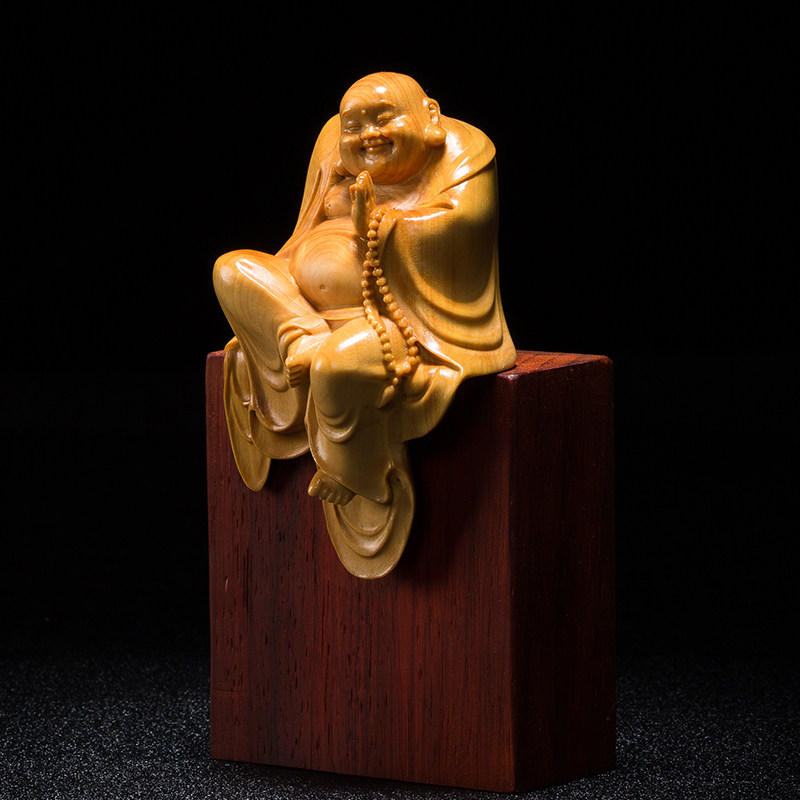 弥勒黄杨木雕手把客厅佛像摆件雕刻工艺品实木木雕