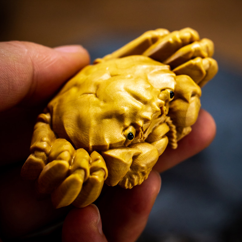 木雕雕刻家居饰品招财随身八方来螃蟹实木手把杨木木雕