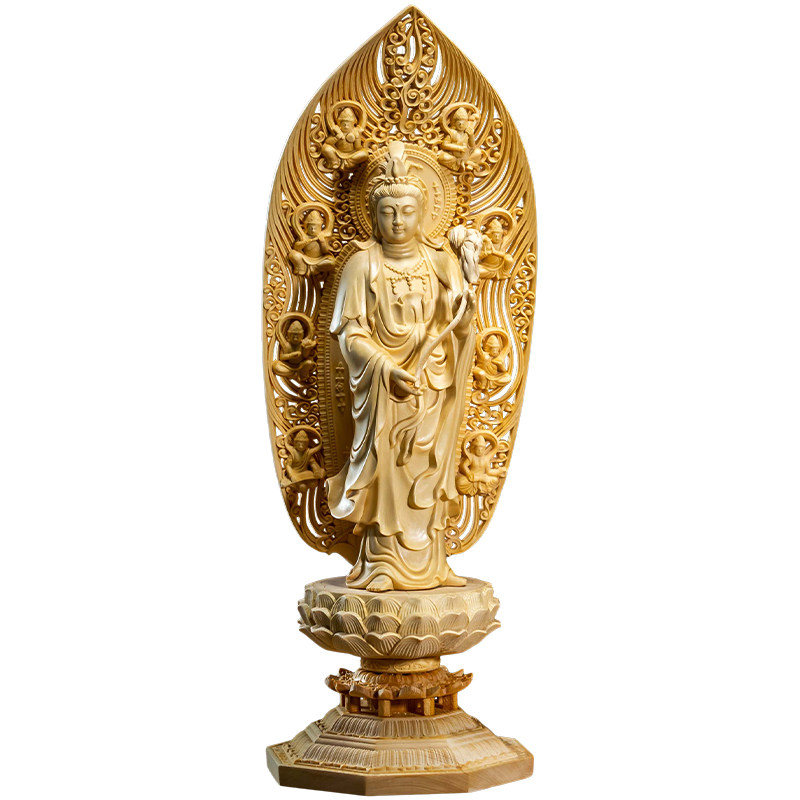 木雕佛像桧木镂空雕刻背光莲台西方三圣阿弥陀佛木雕