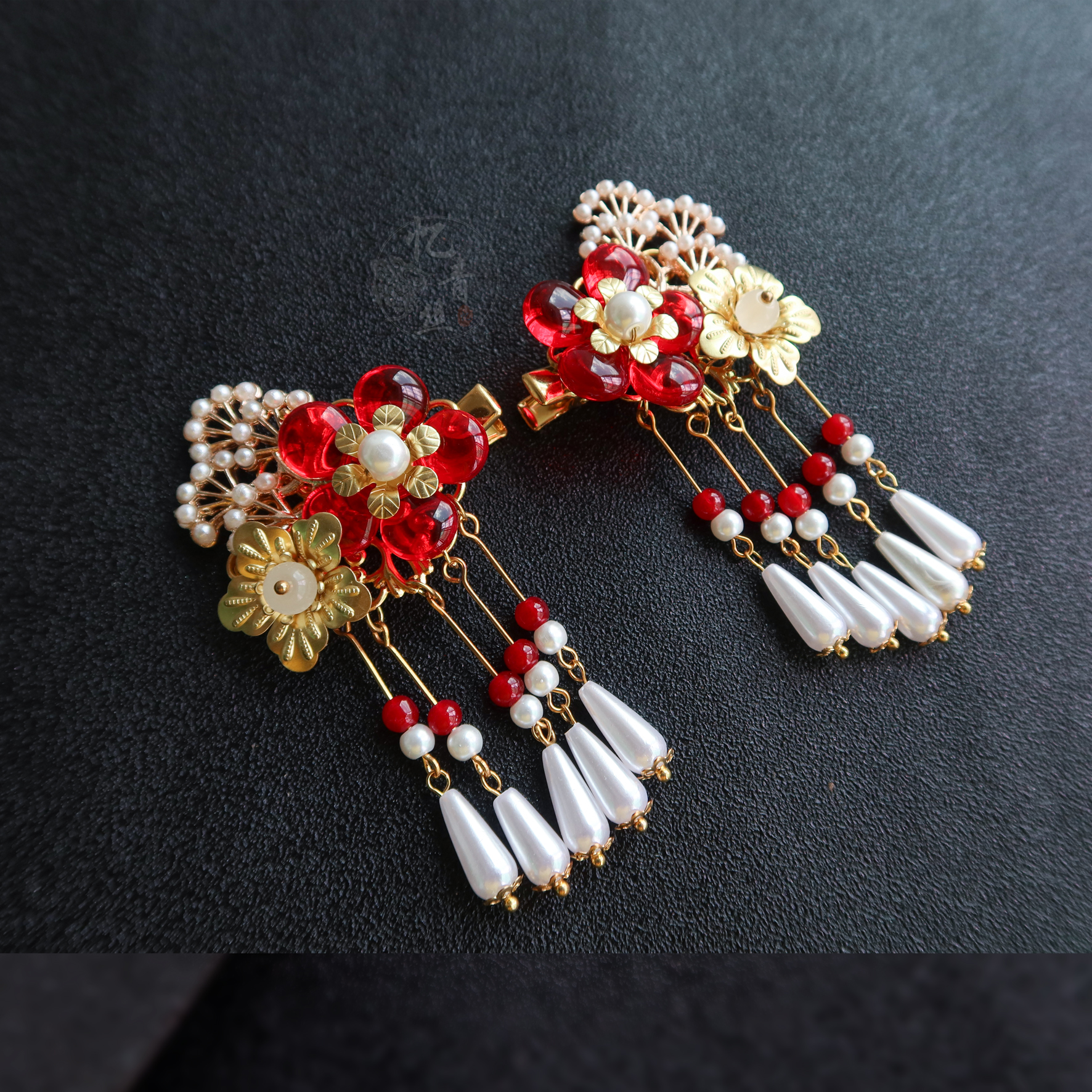 青丝原创汉服头饰超仙流苏发夹新娘红色古风发饰