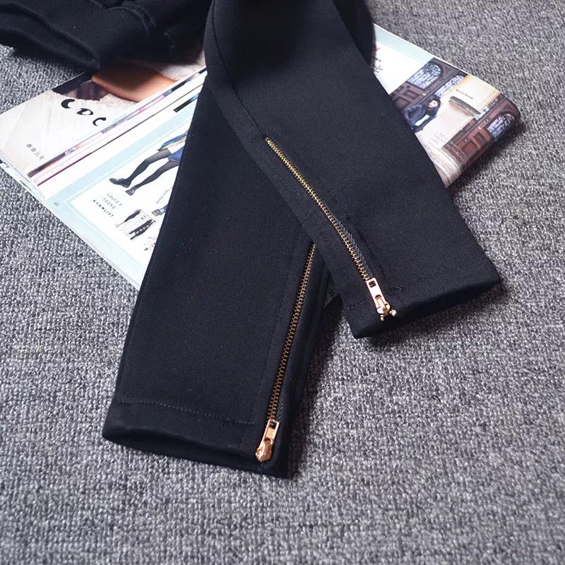 韩国春季弹力长裤脚拉链黑色九分外穿加绒打底裤女大码小脚魔术裤