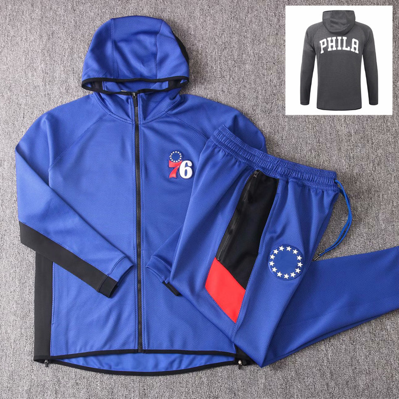 春秋新款篮球套装长袖连帽费城76人出场服男篮球服