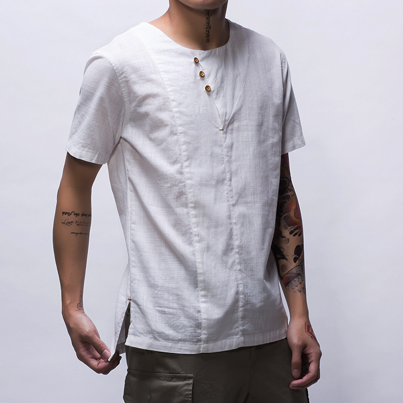 民族风复古麻料男t恤薄款棉麻短袖t恤衫文艺亚麻t恤衫男休闲男装