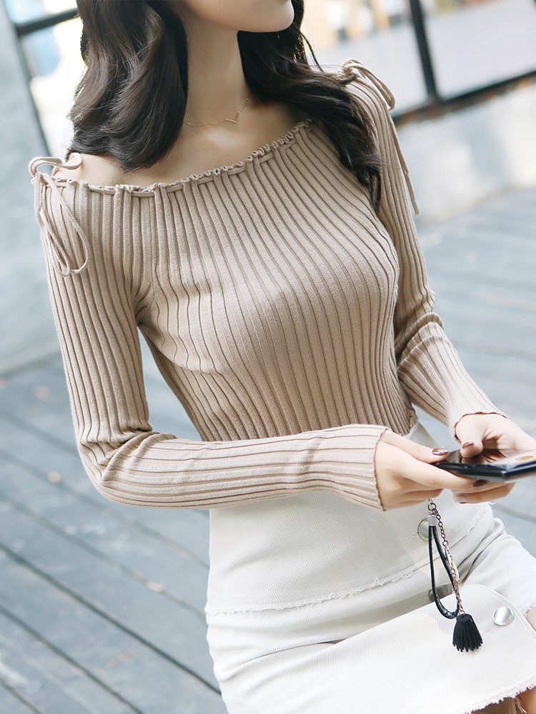 女装 一字肩毛衣针织衫女新款长袖套头短款秋季韩版打底衫紧身针织