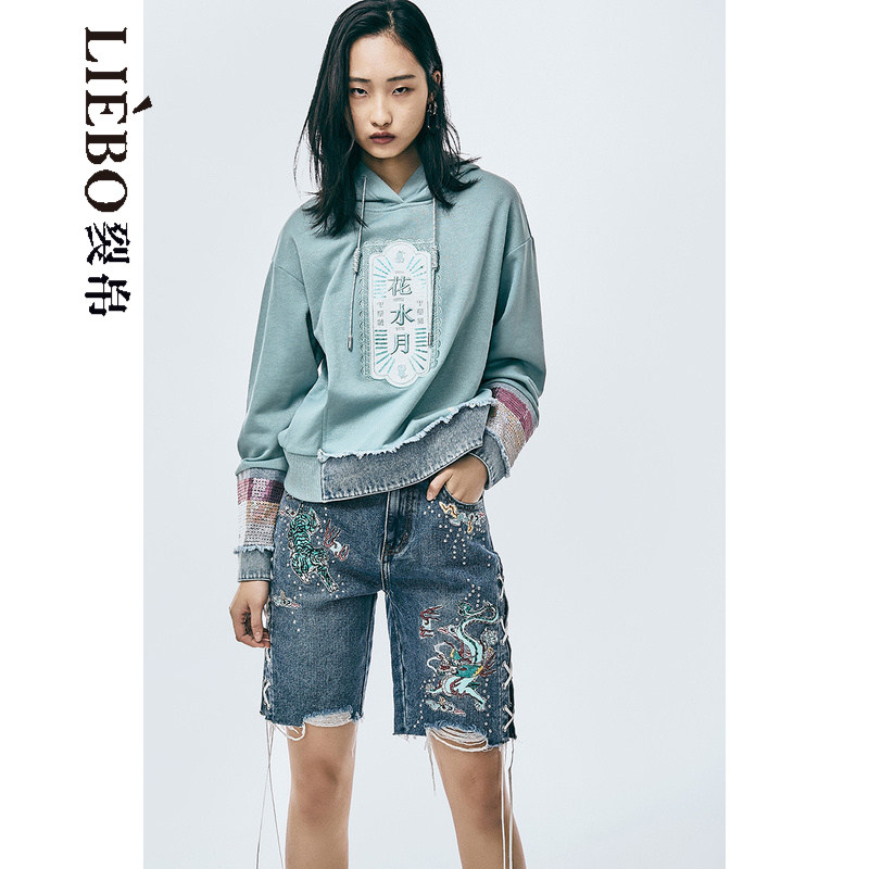 裂帛liebofeng设计师品牌2022秋国刺绣拼接牛仔连帽宽松卫衣