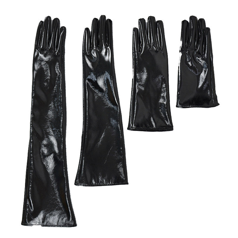 60cm漆皮亮面黑色加长款皮手套女仿真pu皮过肘保暖镜面性感配皮衣