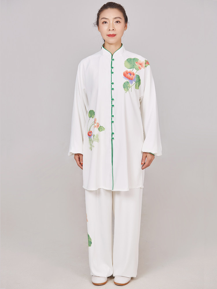 夏季高弹缎太极服女新款彩绘荷花薄款武术太极拳太极服