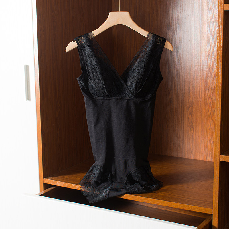 塑身保暖束身收腹衣女连体杯垫无袖丝边蕾丝塑身连体衣