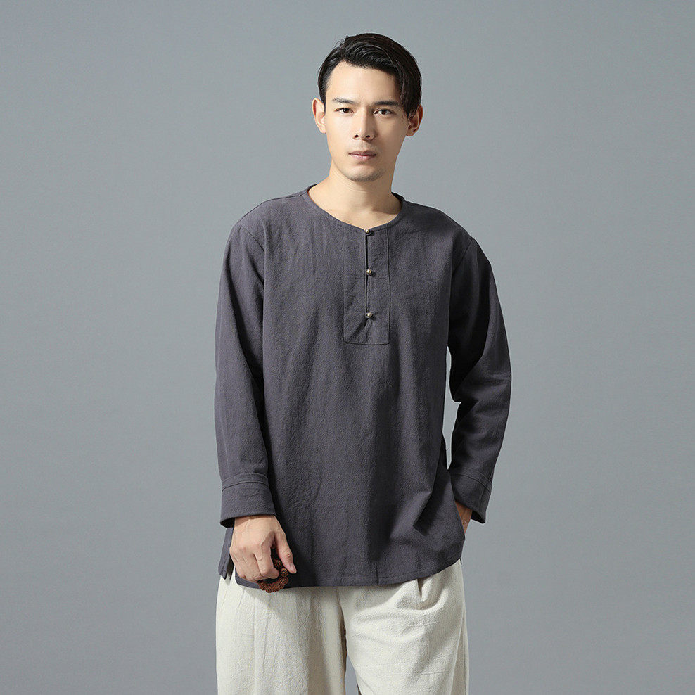 中国国风男装春秋复古棉麻衬衫纯色宽松休闲t恤