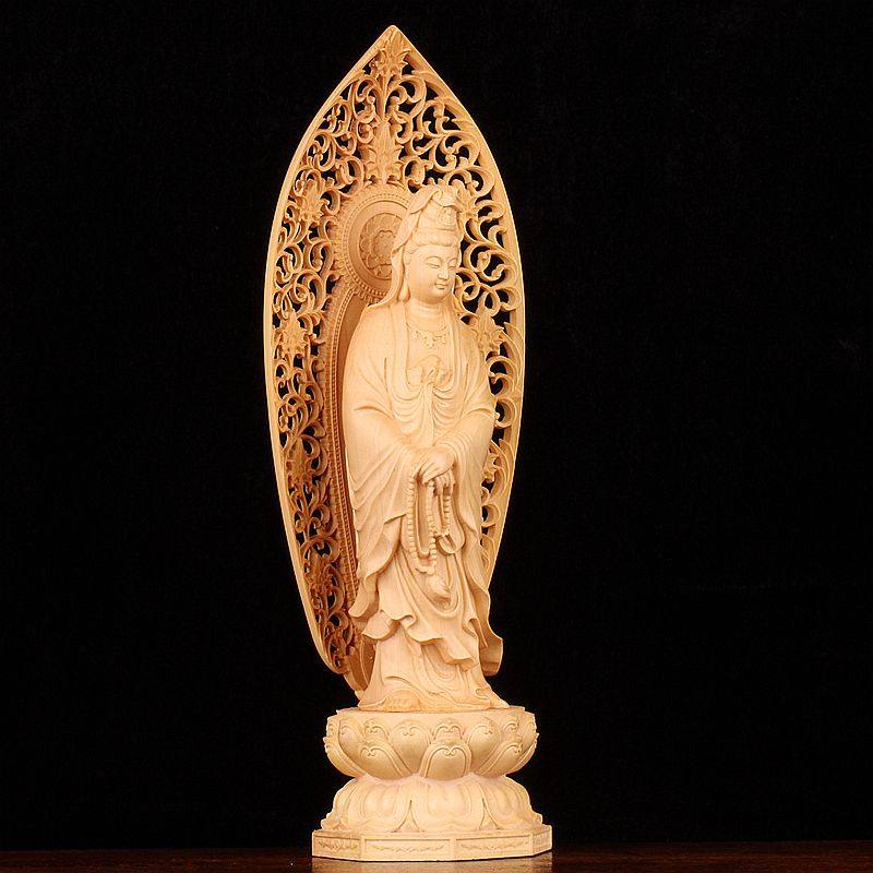 木雕佛像莲花宝座插屏持珠观音新款摆件家居装饰木雕
