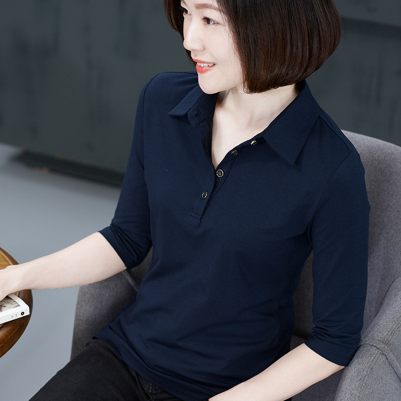 百搭黑色翻领polo领莫代尔中袖t恤女大码修身七分袖上衣打底衫