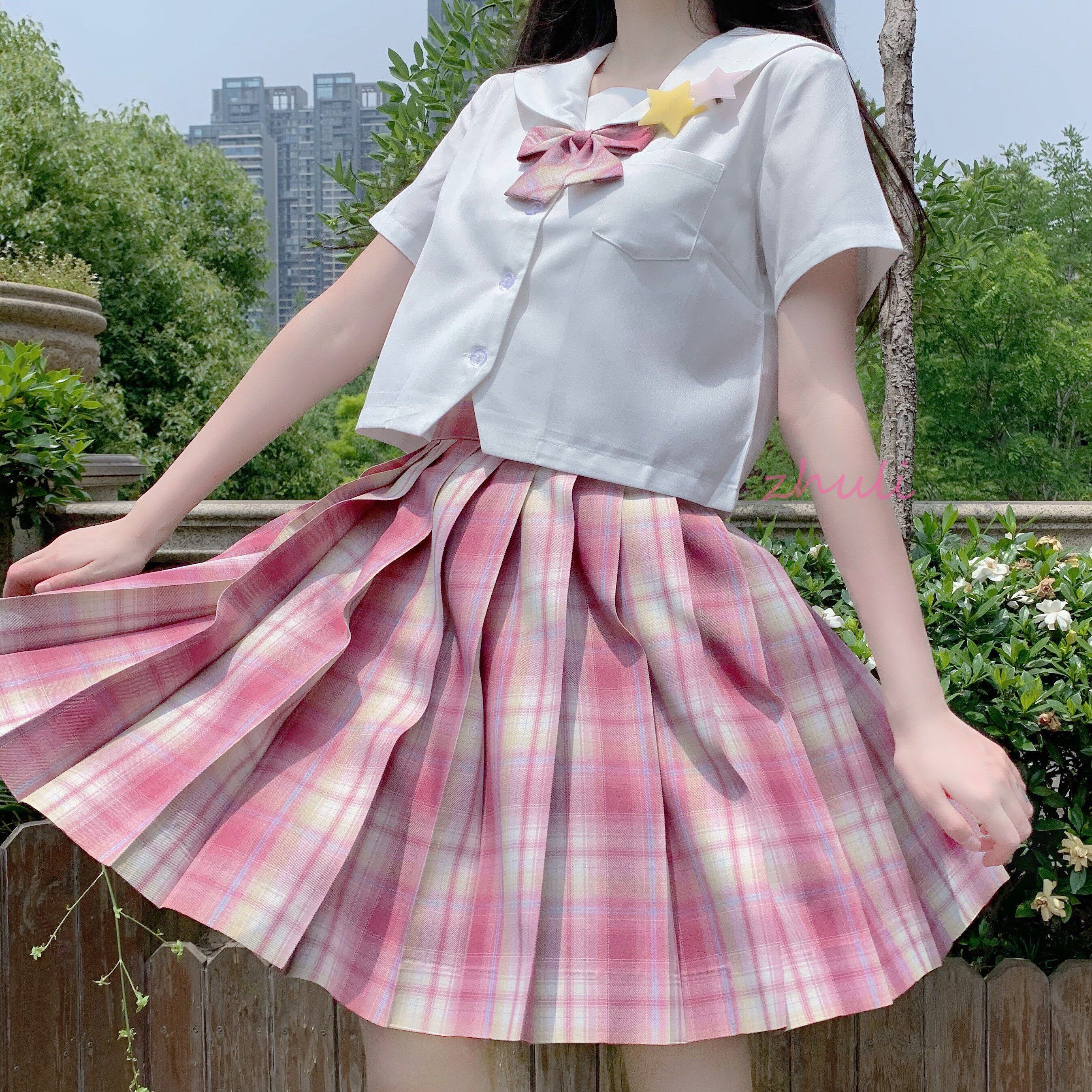 一米米六工作室爱神原创粉色jk格子短裙39cm半身裙