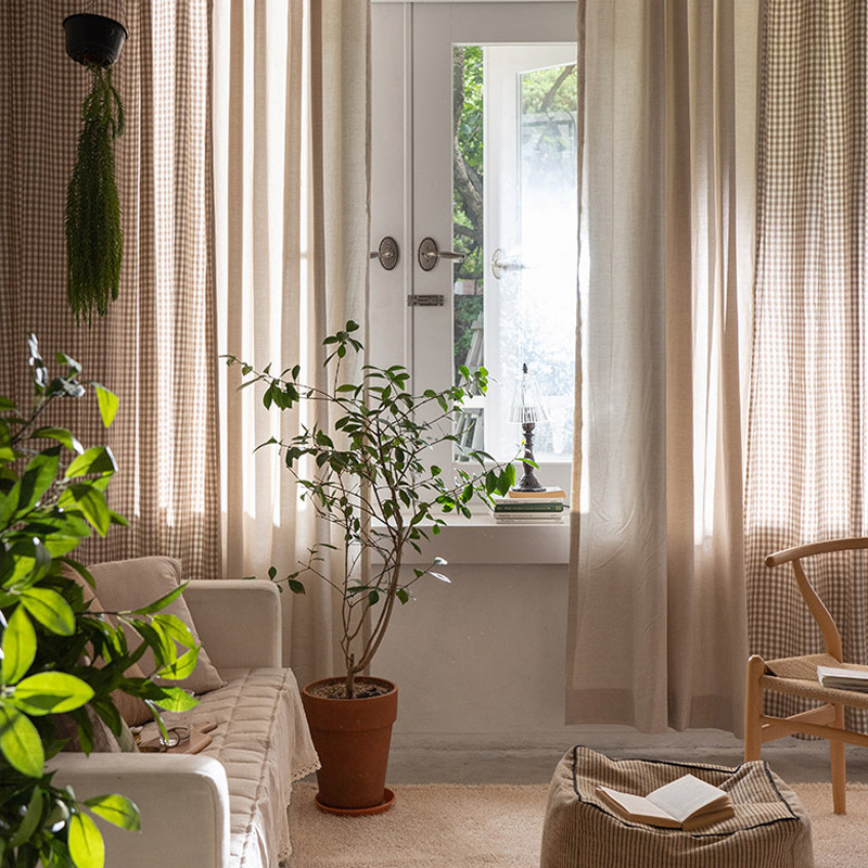 新款格子窗门帘试衣遮光窗帘格子色织卡其色卡其定制窗帘