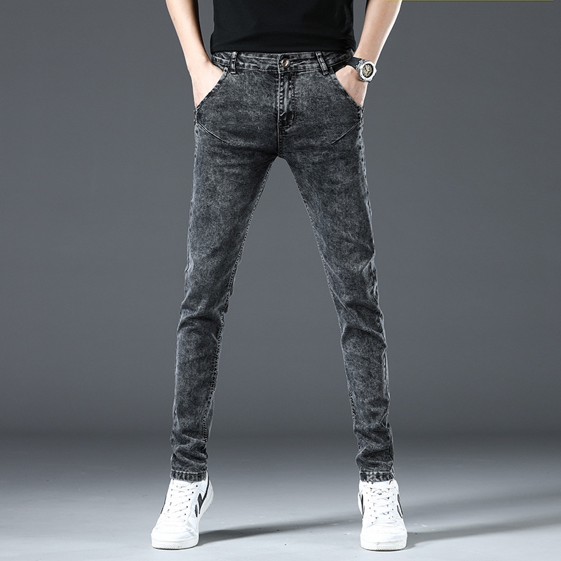 香港高端复古牛仔裤男士修身潮流2022夏季新雪花色弹力小脚裤子男