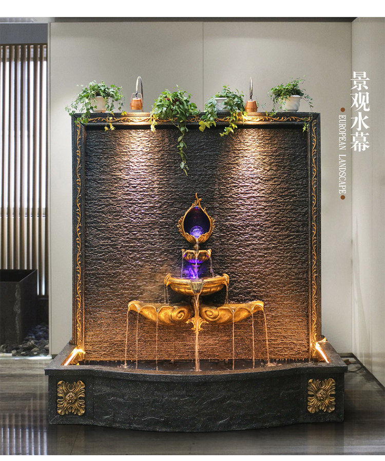 欧式简约水幕墙流水喷泉摆件家居室内创意装饰品风水招财水景摆设