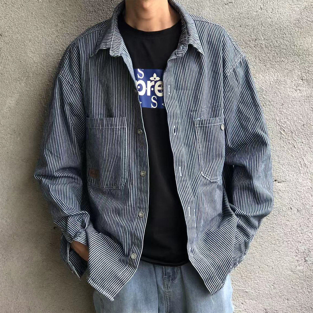 帅气男装男士春秋厚款竖条条纹宽松落肩款长袖衬衫
