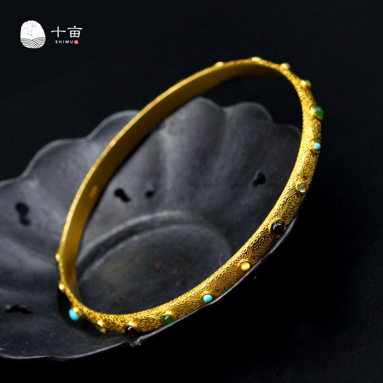 镶嵌镯子黄金古法花丝手工宝石彩色手镯足金手饰