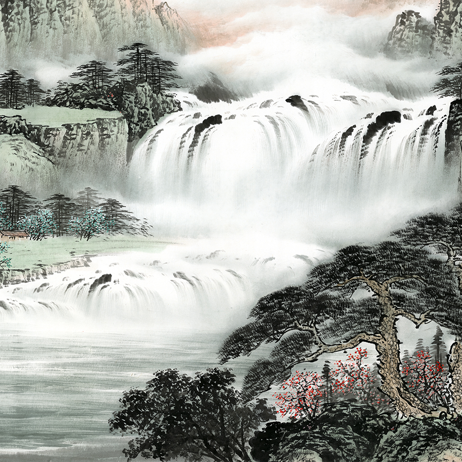 源远流长旭日东升风水招财靠山国画山水装饰画芯高清宣纸微喷打印