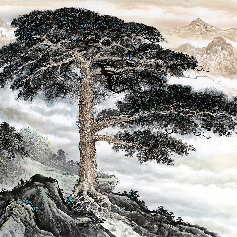 风水招财靠山迎客松 旭日东升国画山水画心办公客厅装饰高清微喷