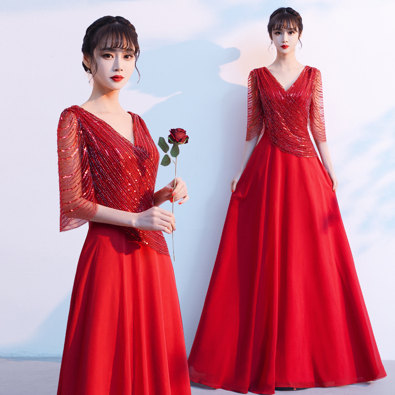 大合唱演出服长裙轻奢奢红比赛合唱团表演朗诵指挥民族服装