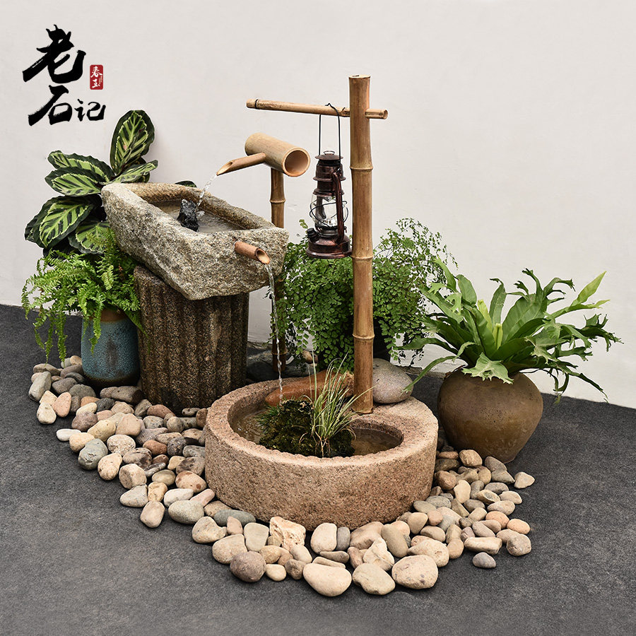 老石花盆庭院水景户外景石造景石头景观组合石雕