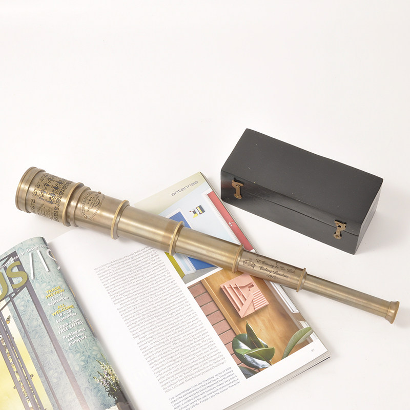 进口欧洲复古摆件黄铜纯铜单筒伸缩望远镜西洋普通望远镜