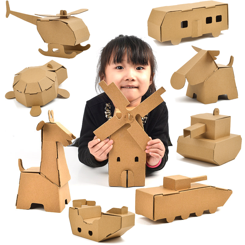 手工手工制制作纸板恐龙长颈鹿犀牛小象河马小狗白模填色