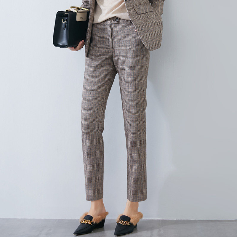 晚白2020秋冬新品时尚通勤英伦范格子修身显瘦西装裤