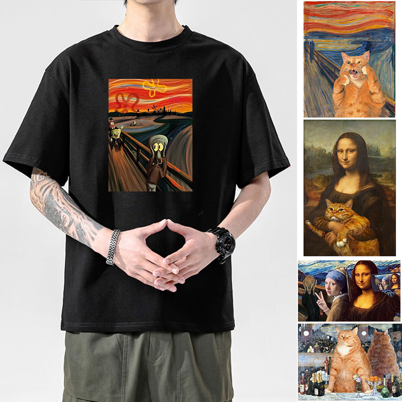 蒙克呐喊t恤联名章鱼哥梵高蒙娜丽莎短袖世界名画猫图案油画衣服
