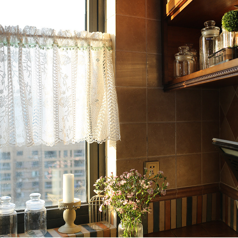 美式复古白色蕾丝花半帘咖啡帘短帘国外窗帘咖啡馆帘门帘半截帘